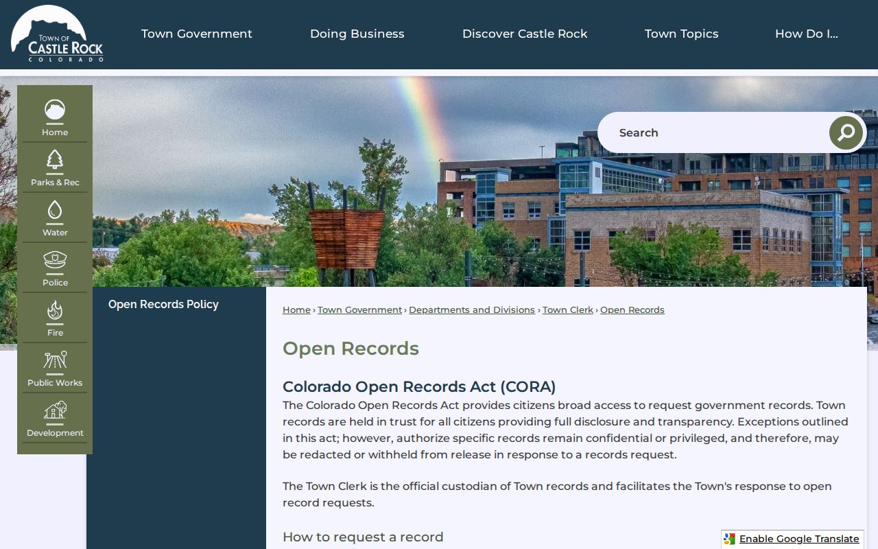 Castle Rock residents directory view of the Town open-records workflow