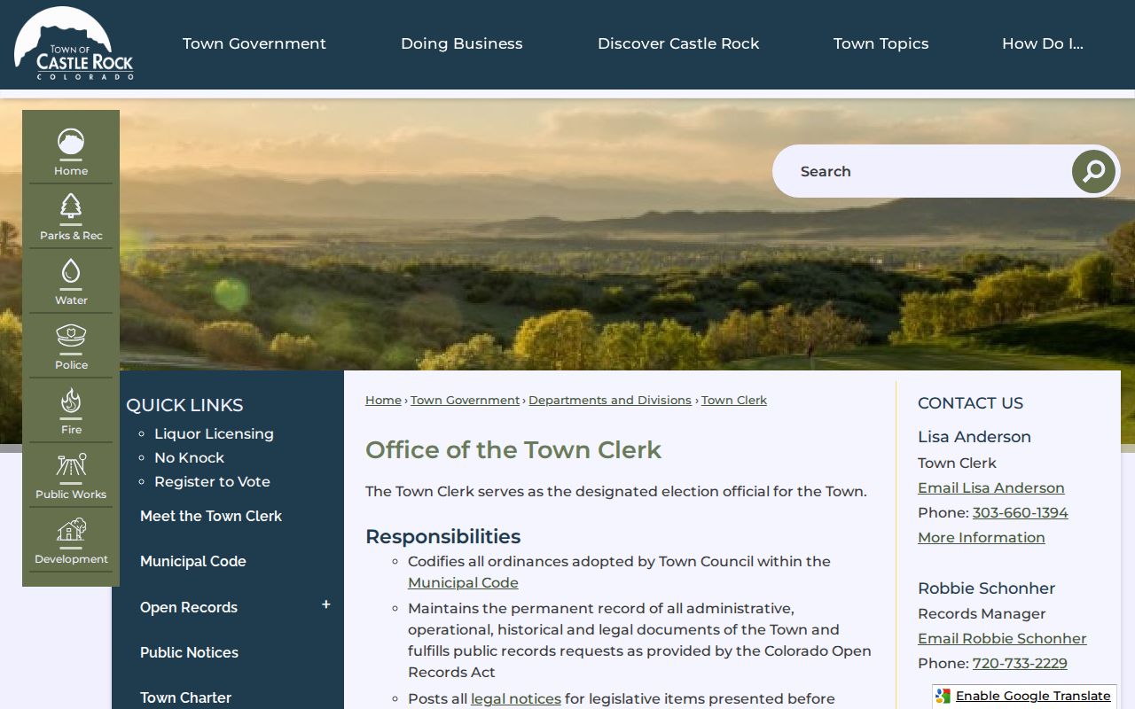 Castle Rock residents directory view of the Town Clerk records office