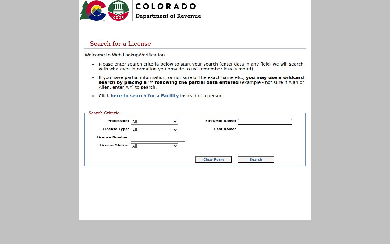 Castle Rock residents directory view of Colorado professional license verification