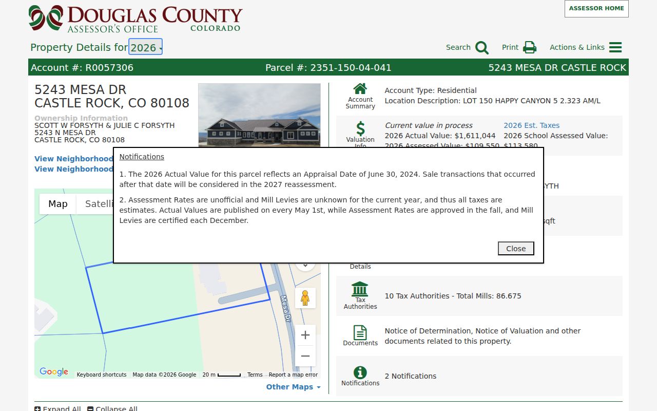 Castle Rock neighbors assessor parcel card