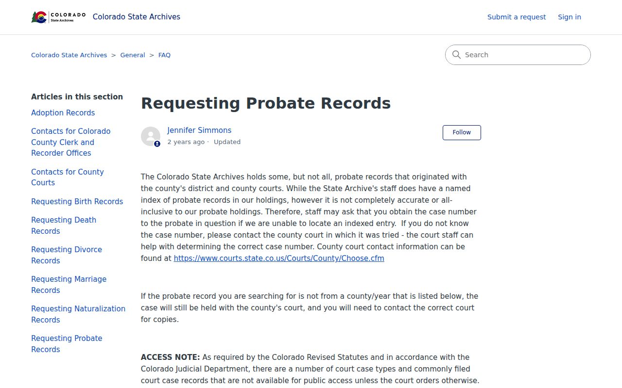 Castle Rock previous residents probate-record research at Colorado State Archives