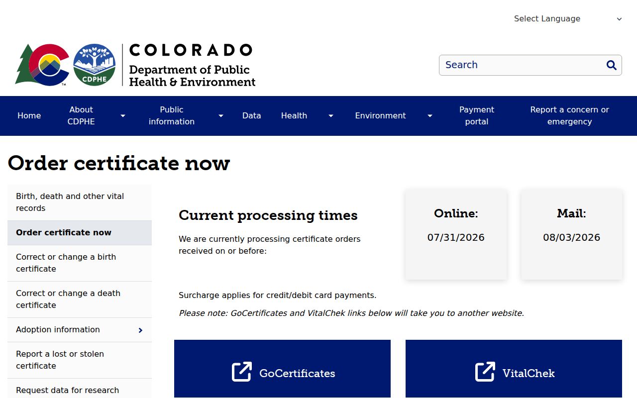 Castle Rock resident lookup, Colorado vital records ordering page