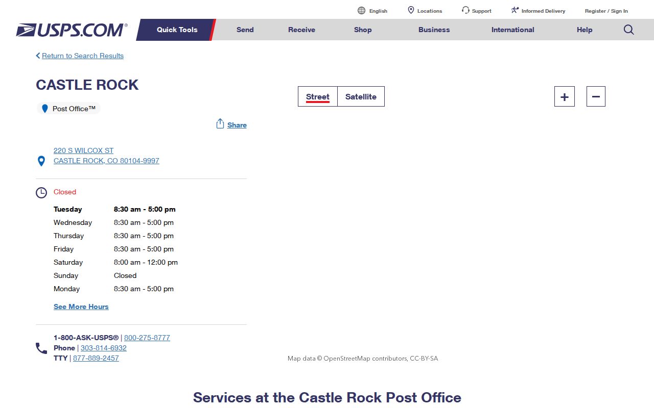 Castle Rock ZIP code, USPS Castle Rock post office location